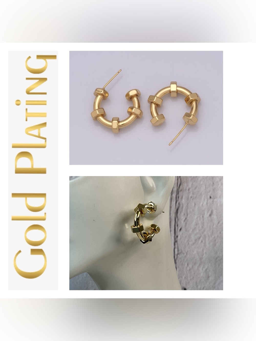🌟🌟 18K Gold Plated Hex-Accent Hoop Earrings
